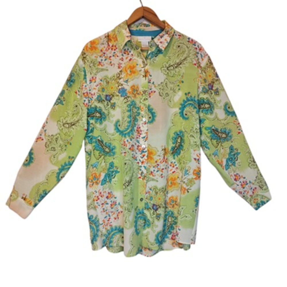 Soft Surroundings Silk Blouse Womens Medium Green Floral Paisley Button Up Shirt